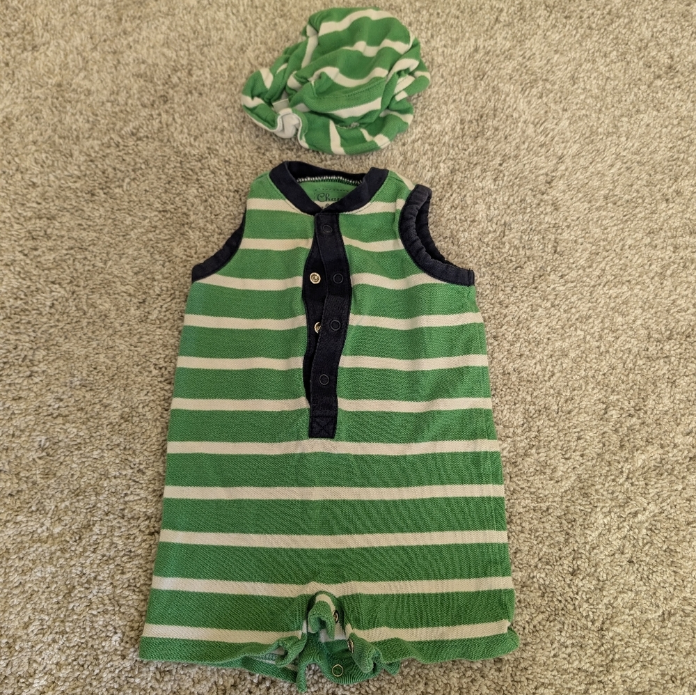Chaps Nautical Romper and Hat Set 3 Months Green and White Stripe